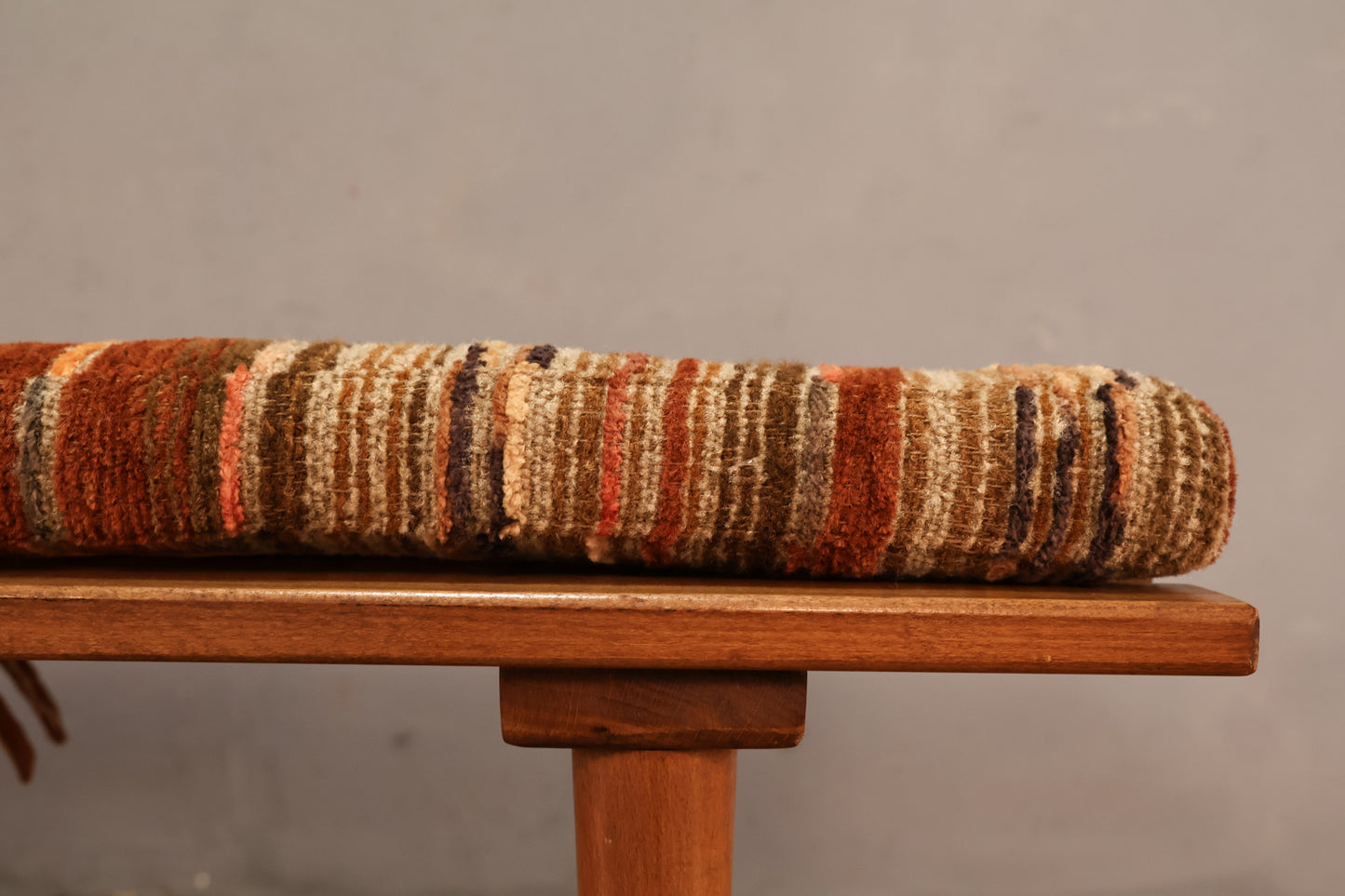 Mid Century Slatted Walnut & Woven Bench