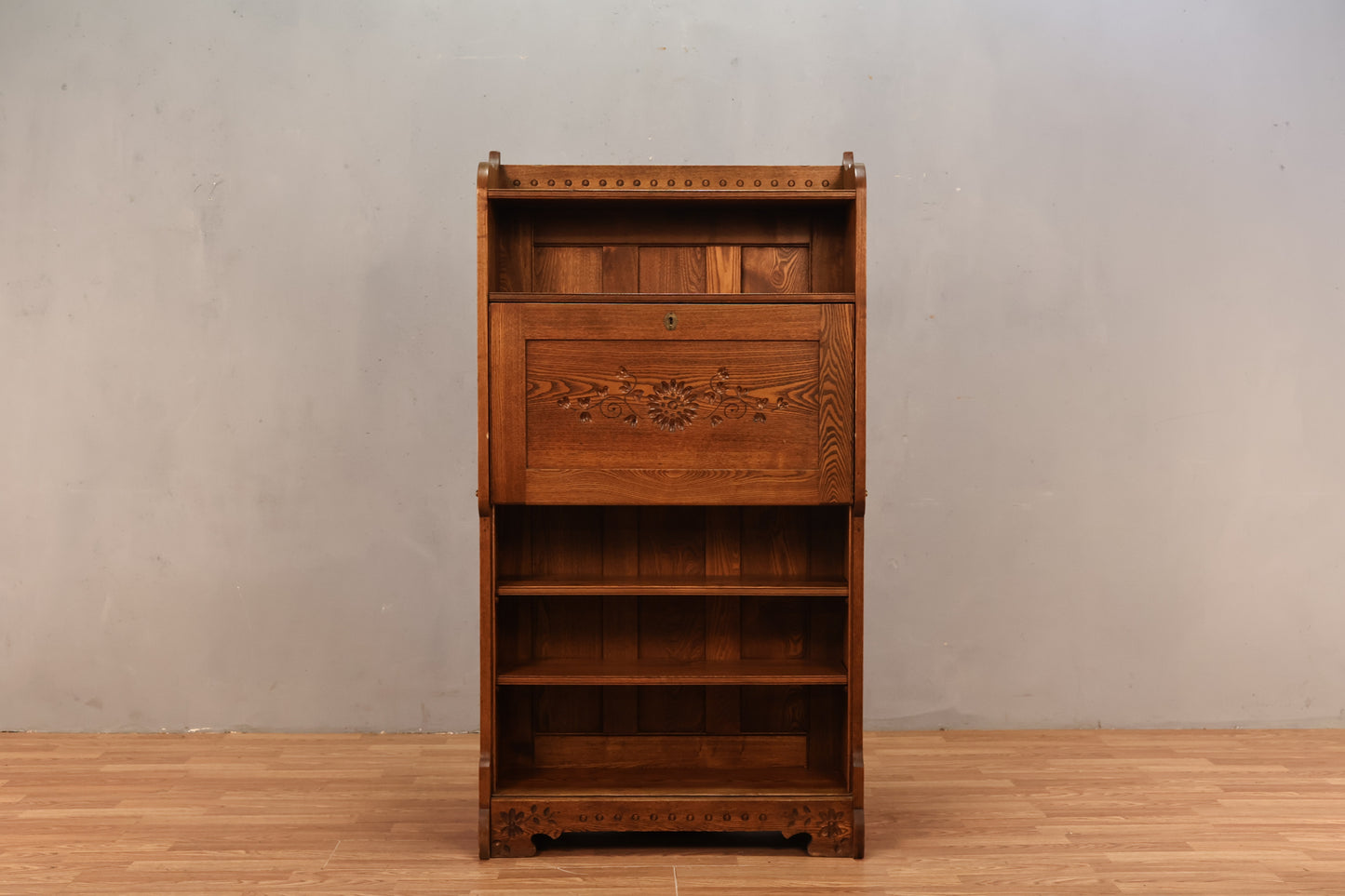 Carved Oak Drop-Front Bookshelf