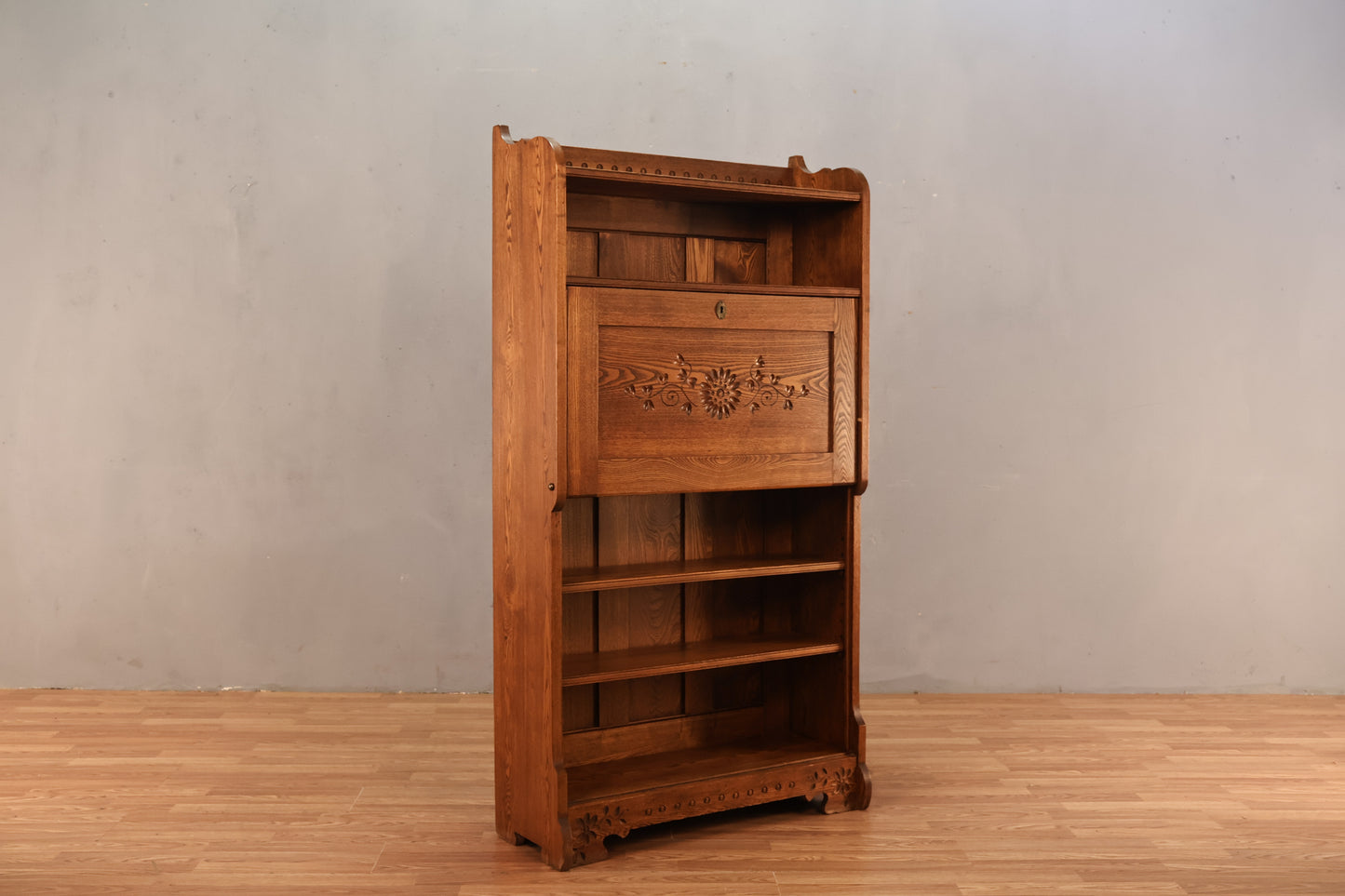 Carved Oak Drop-Front Bookshelf