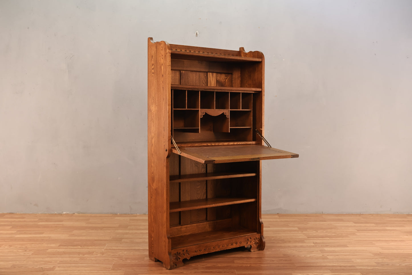 Carved Oak Drop-Front Bookshelf