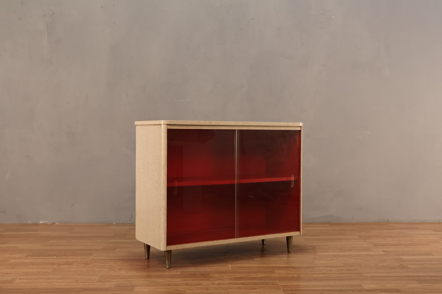 Mid Century Laminate & Scarlet Glass-Front Cabinet - ONLINE ONLY