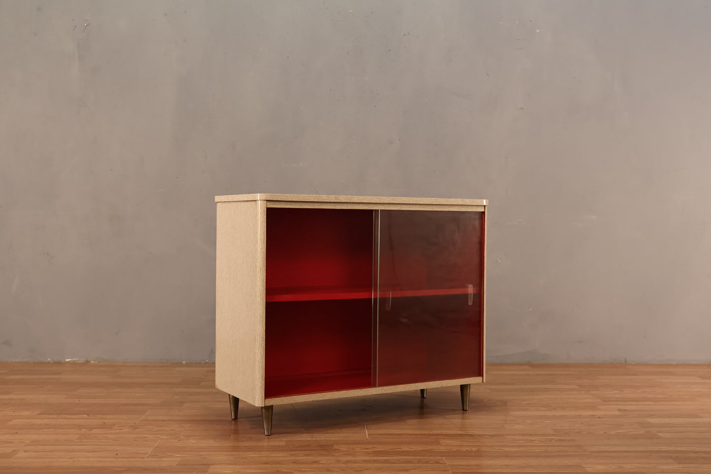 Mid Century Laminate & Scarlet Glass-Front Cabinet - ONLINE ONLY