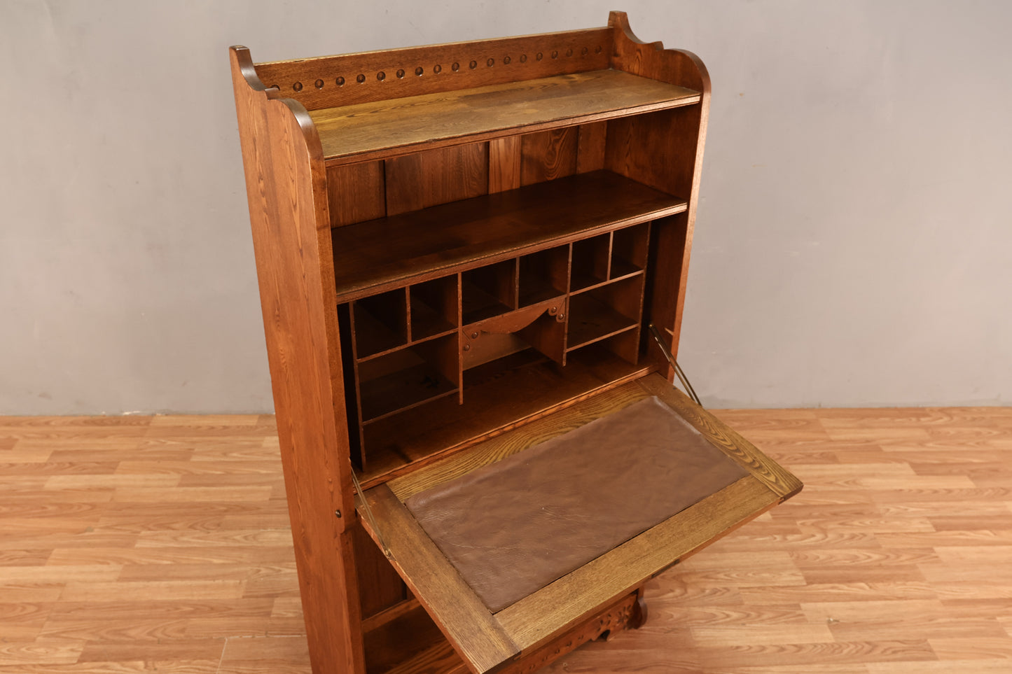Carved Oak Drop-Front Bookshelf