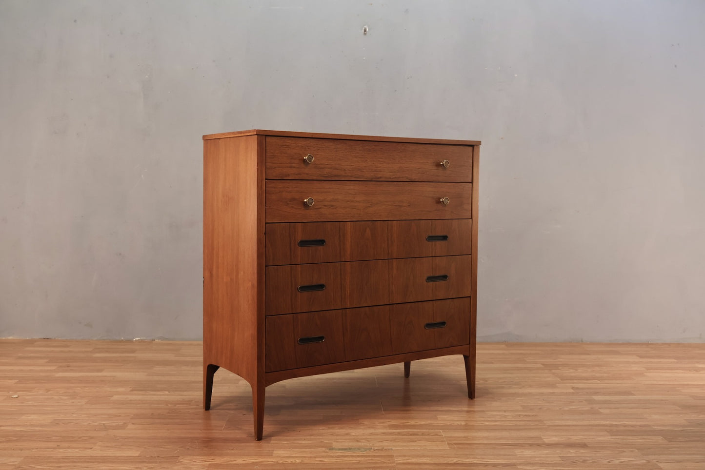 Mid Century Walnut 5-Drawer Highboy Dresser