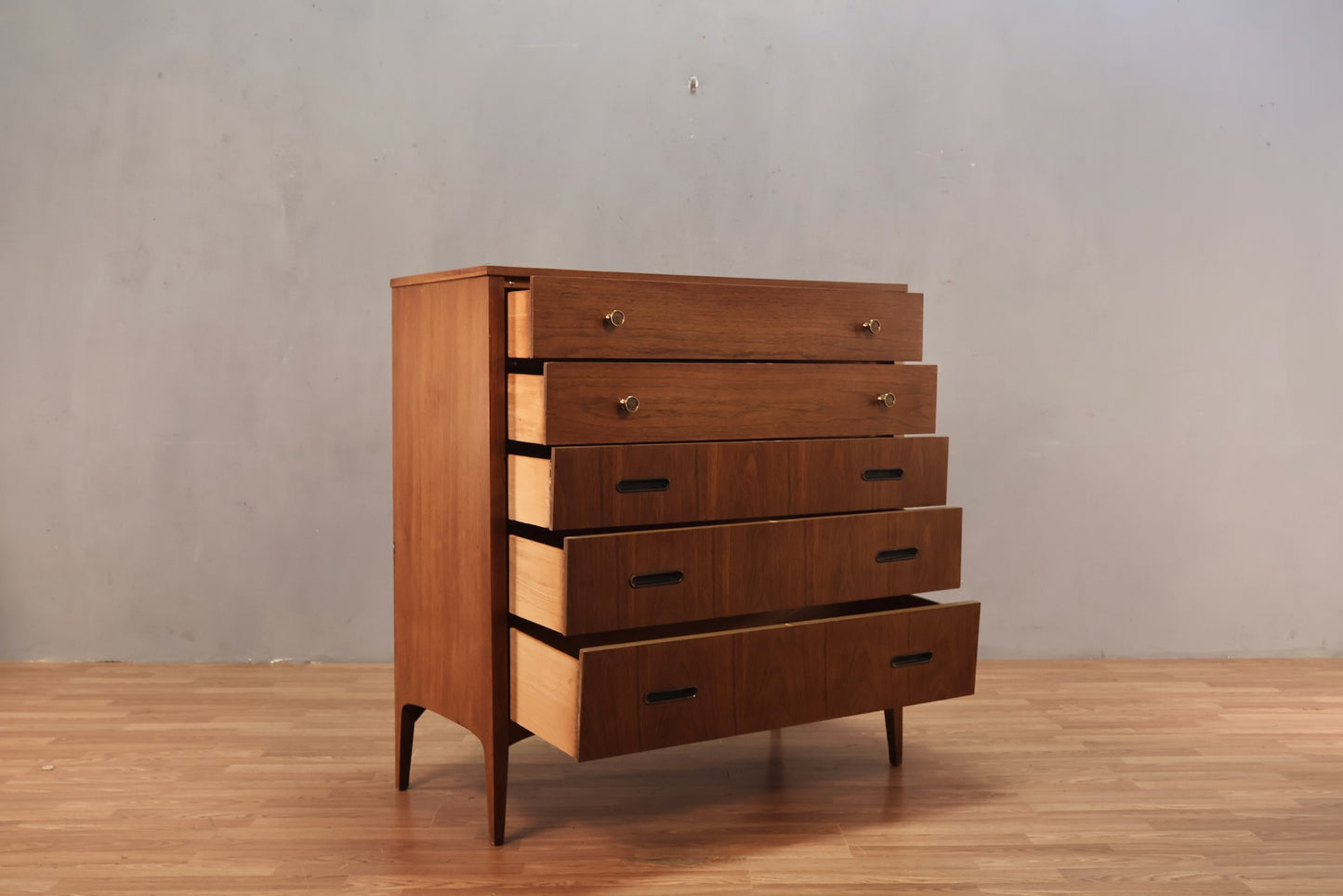 Mid Century Walnut 5-Drawer Highboy Dresser