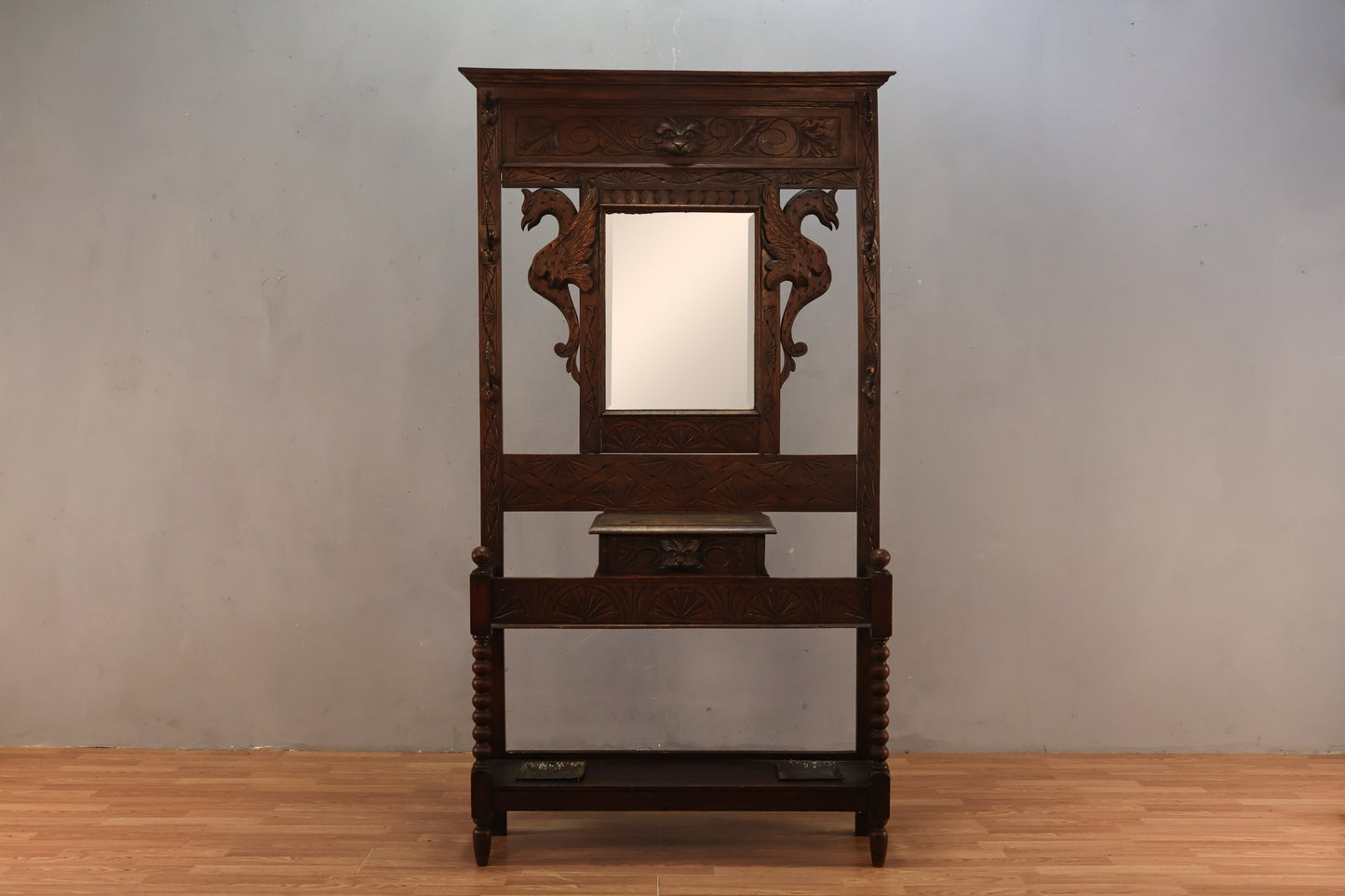 Antique Oak Mirrored Hall Tree