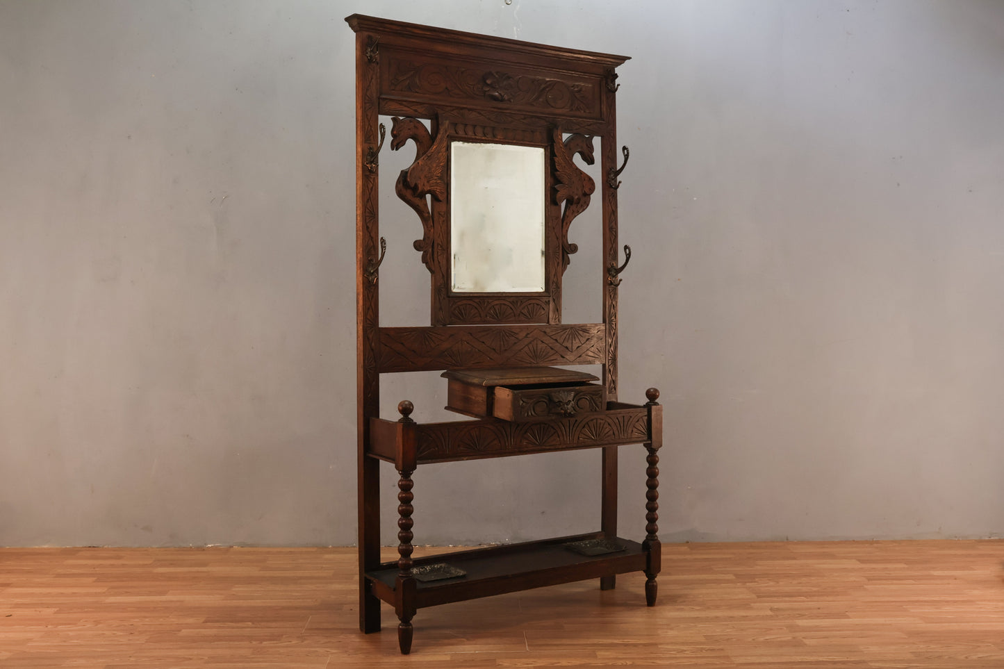 Antique Oak Mirrored Hall Tree