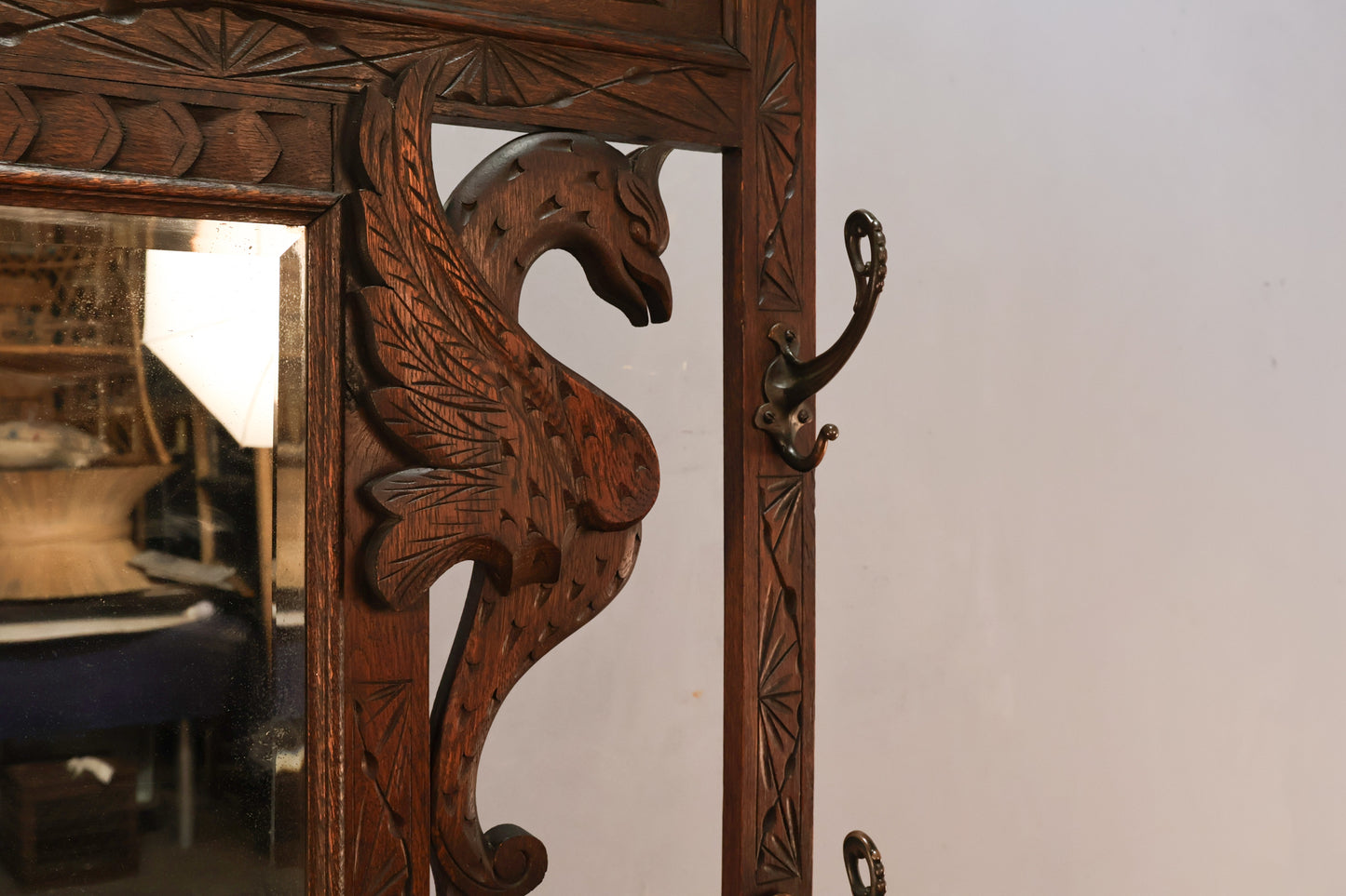 Antique Oak Mirrored Hall Tree