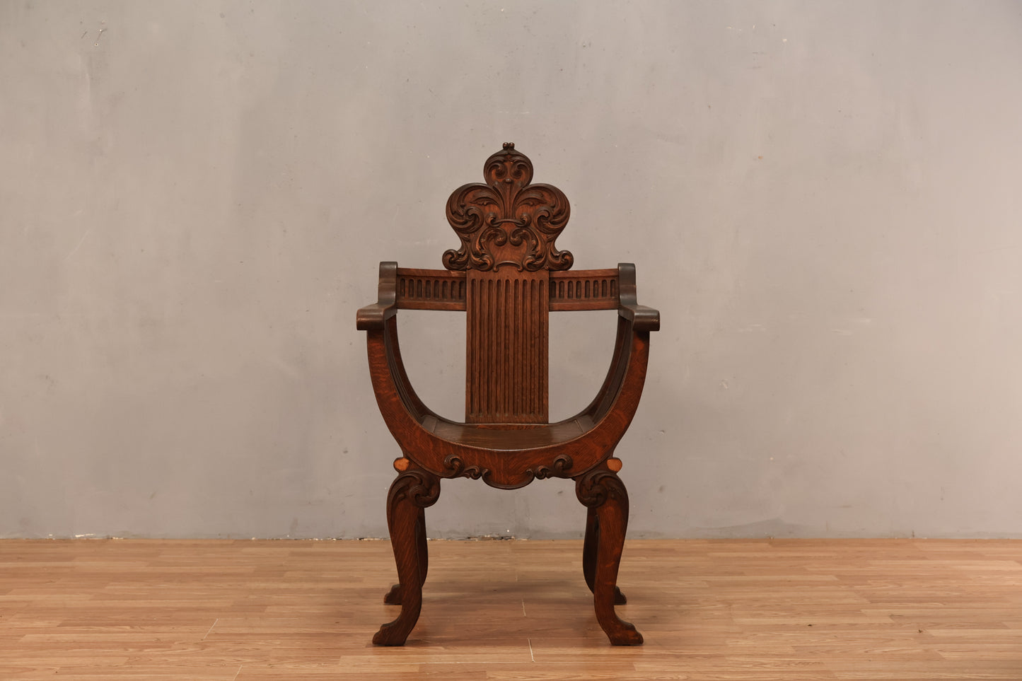 Antique Tiger Oak Savonarola Chair - ONLINE ONLY