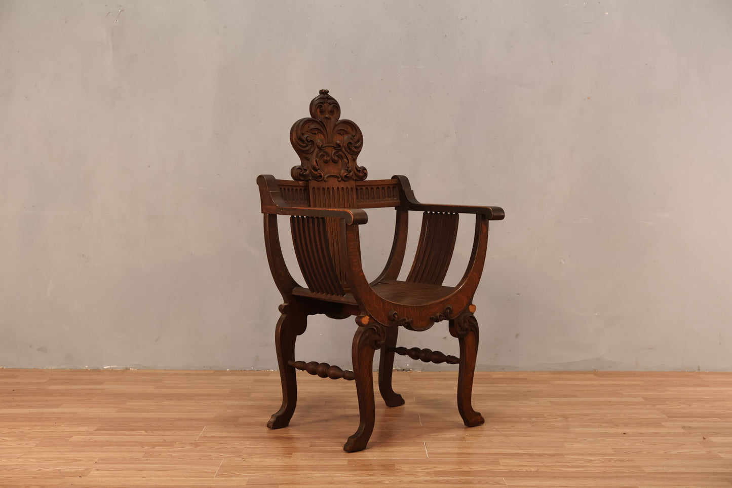 Antique Tiger Oak Savonarola Chair - ONLINE ONLY