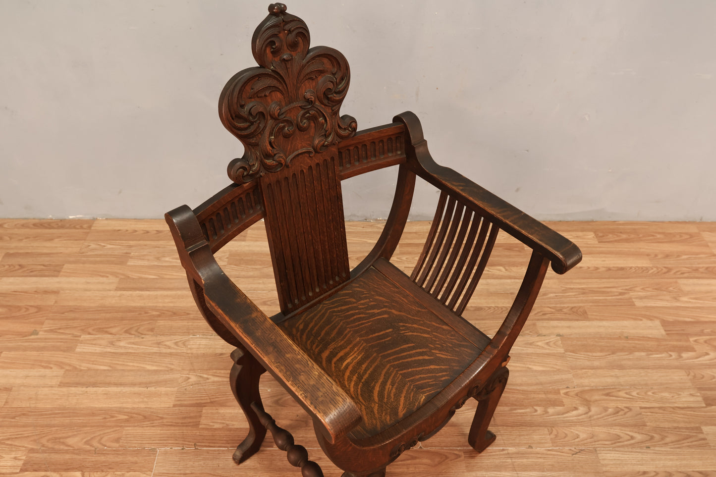 Antique Tiger Oak Savonarola Chair - ONLINE ONLY
