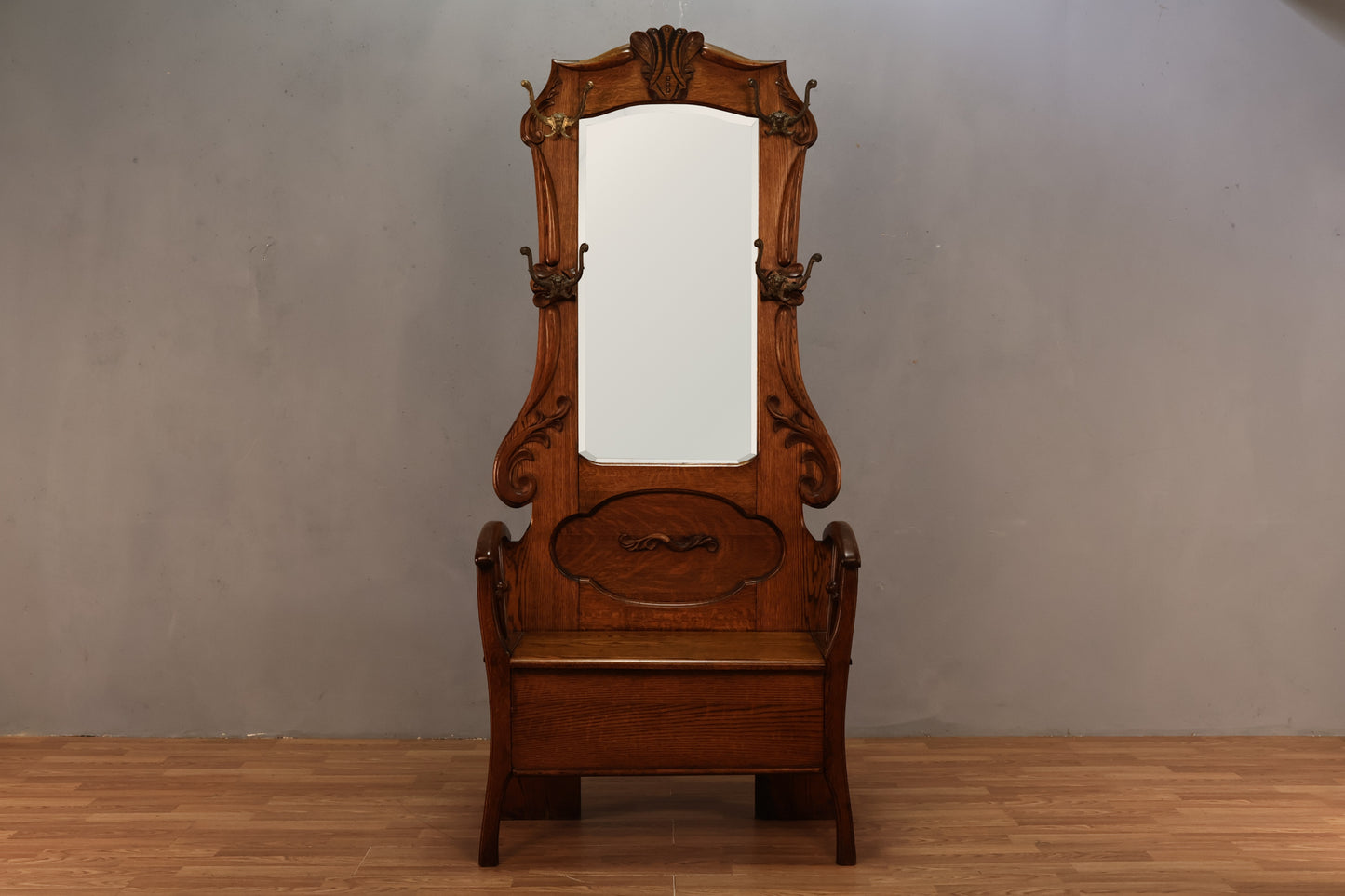 Antique Oak Mirrored Hall Tree - ONLINE ONLY