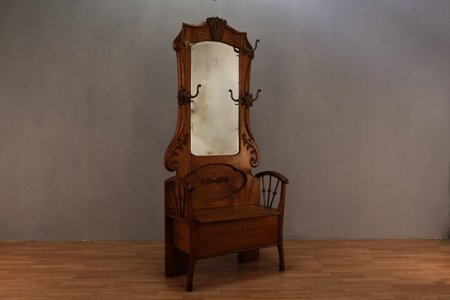 Antique Oak Mirrored Hall Tree - ONLINE ONLY