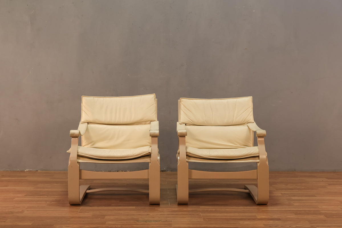 1970s Nelo Cream Leather Bentwood Lounge Chair