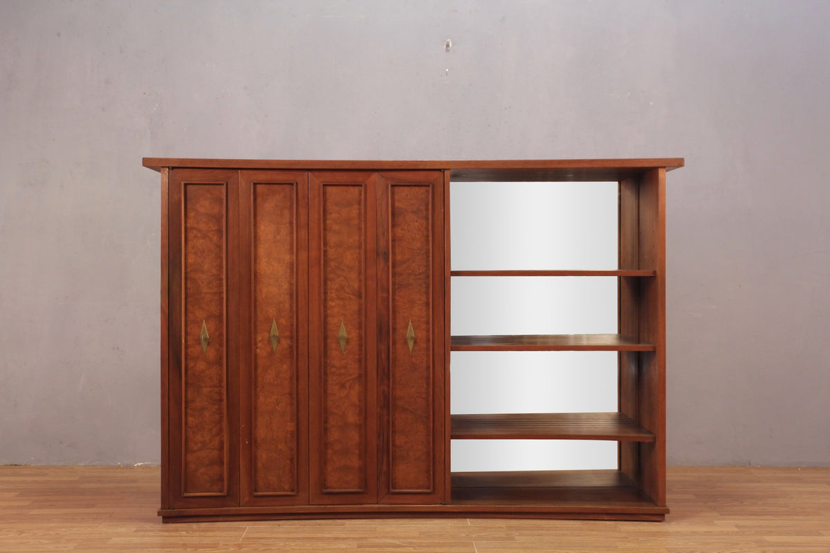 Mid Century Walnut 2-Door Mirrored Bookcase - ONLINE ONLY