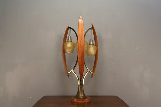 Mid Century Sculptural Walnut & Glass Table Lamp