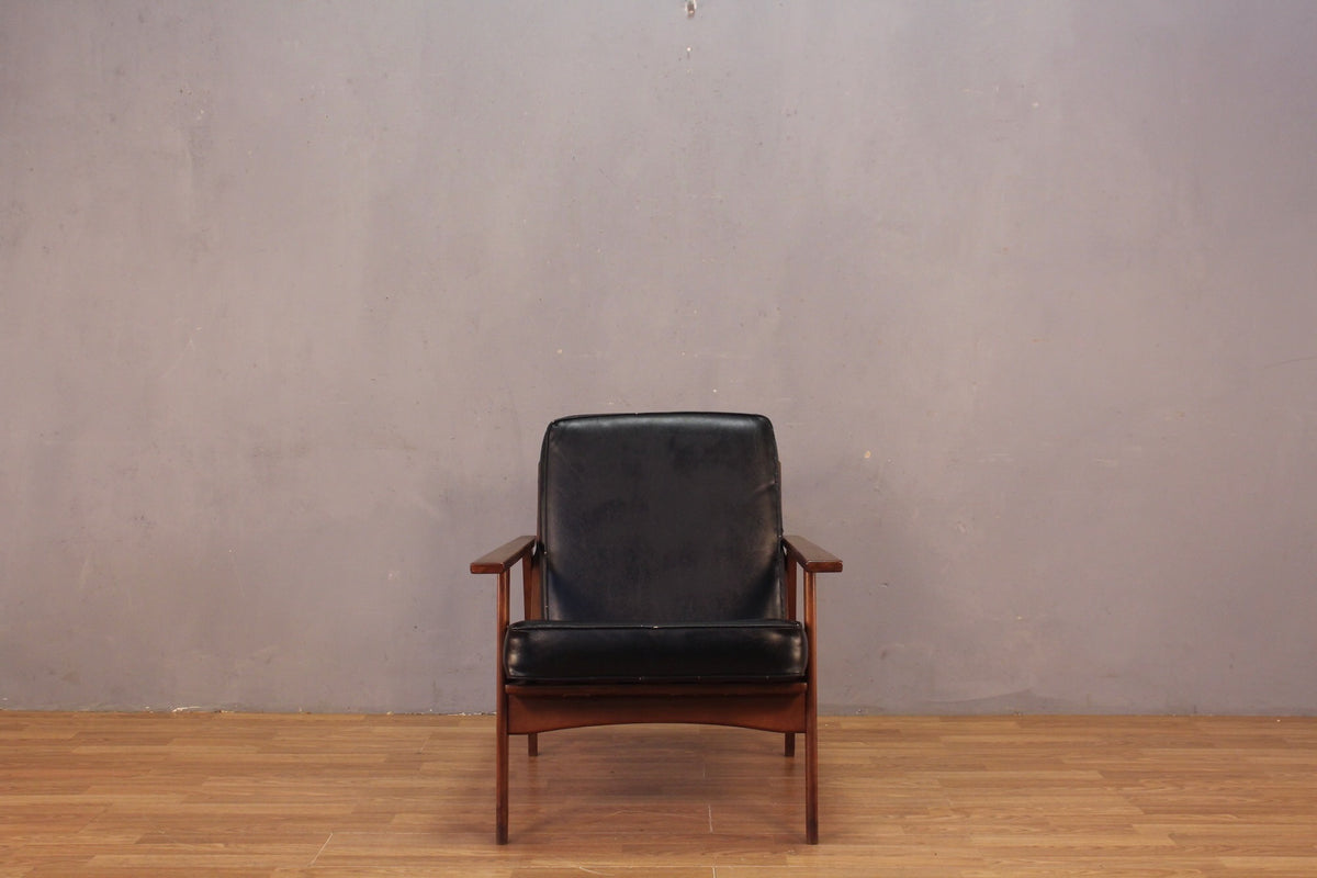 Mid Century Walnut & Black Vinyl Lounge Chair