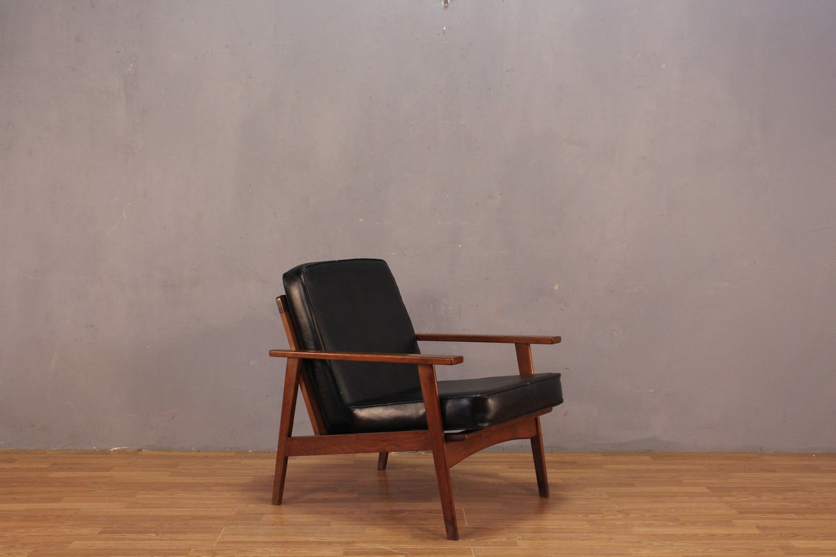 Mid Century Walnut & Black Vinyl Lounge Chair