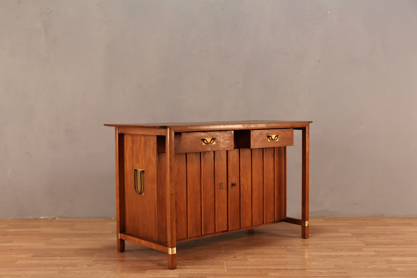 Luxe Mid Century Walnut & Brass Bar Cabinet