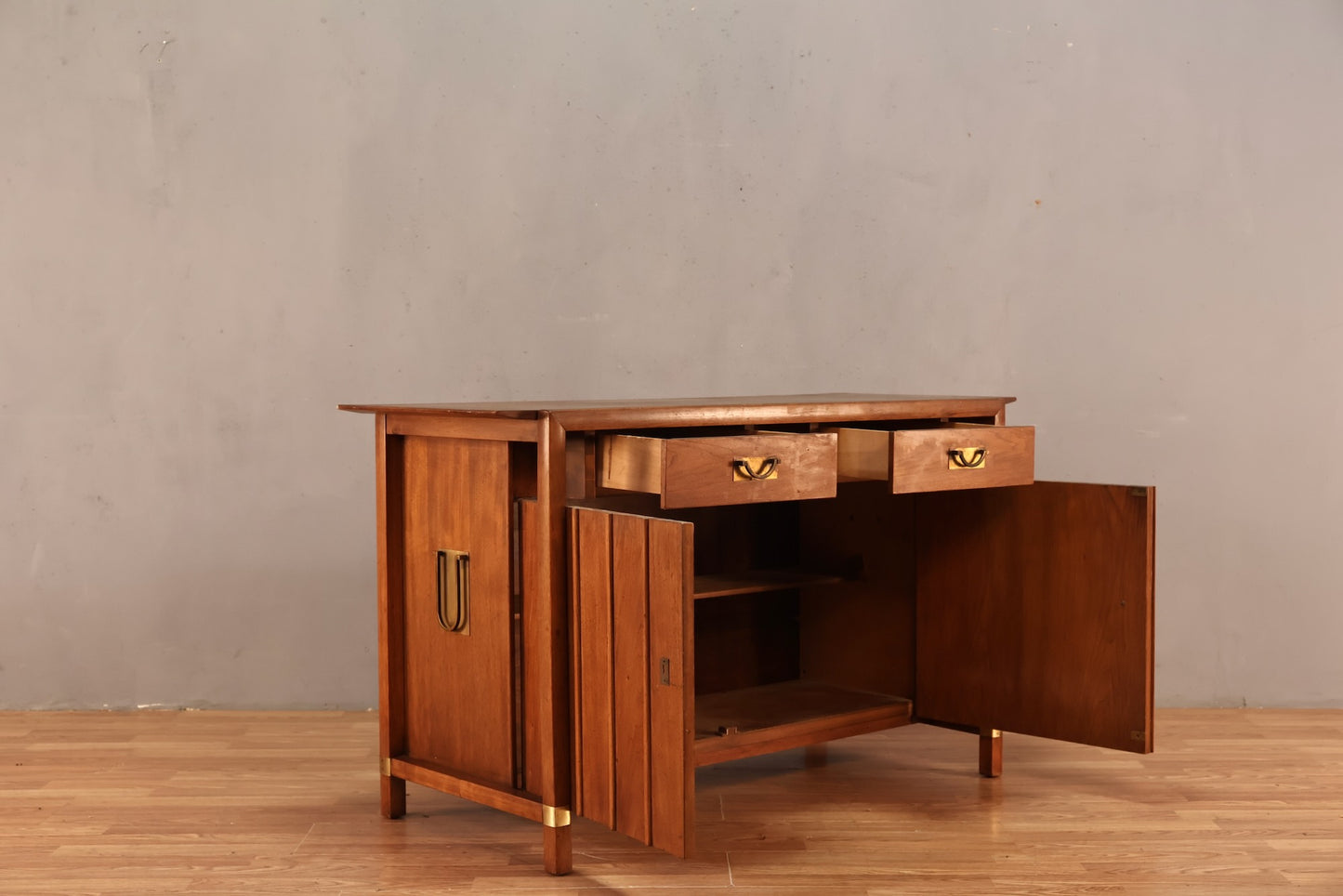Luxe Mid Century Walnut & Brass Bar Cabinet