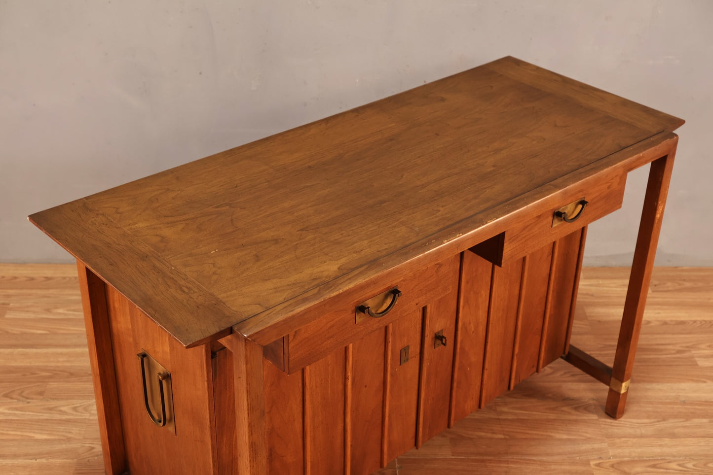 Luxe Mid Century Walnut & Brass Bar Cabinet