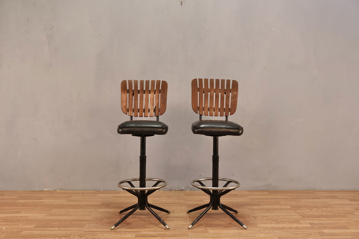 Mid Century Slatted & Black Vinyl Bar Stool