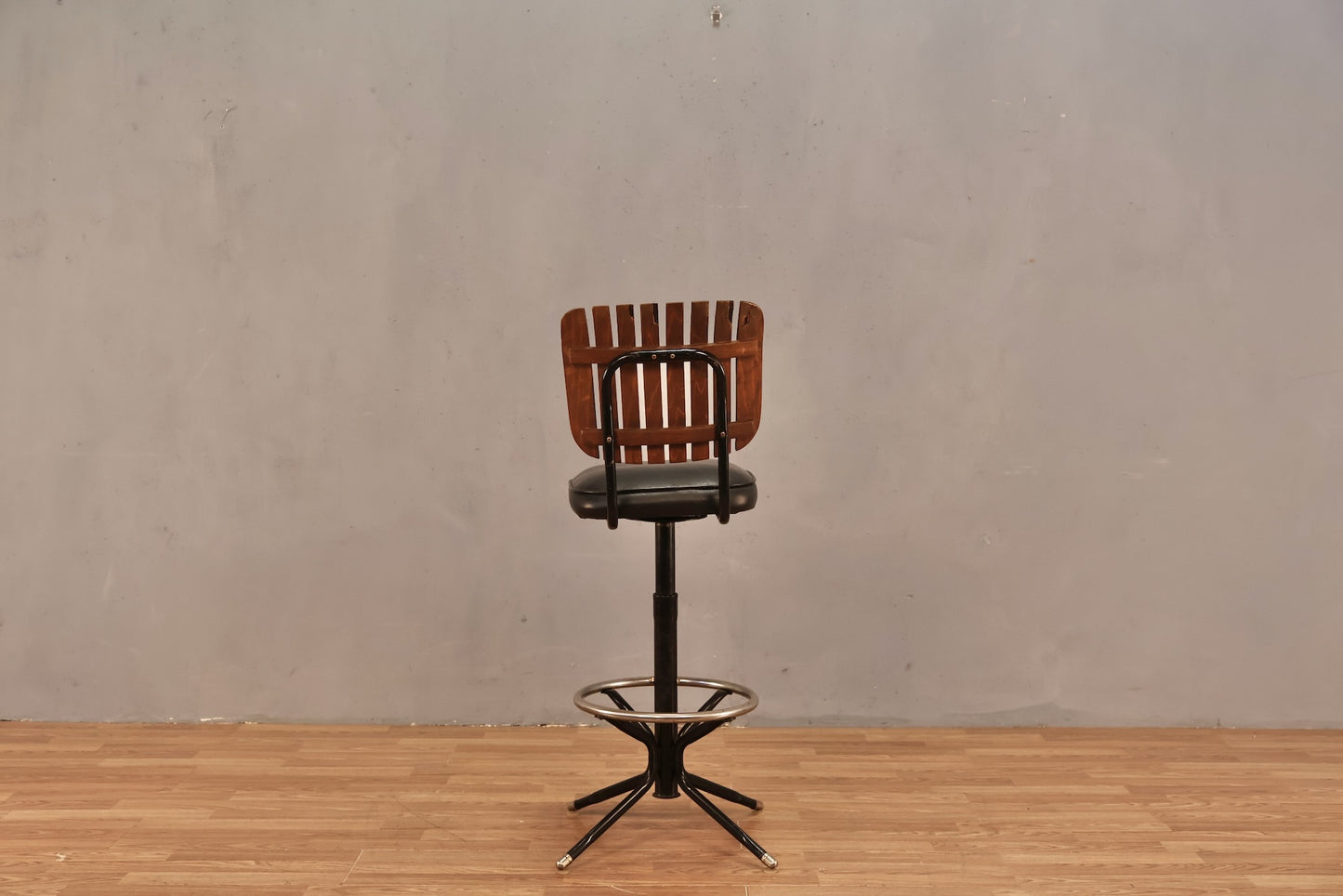Mid Century Slatted & Black Vinyl Bar Stool