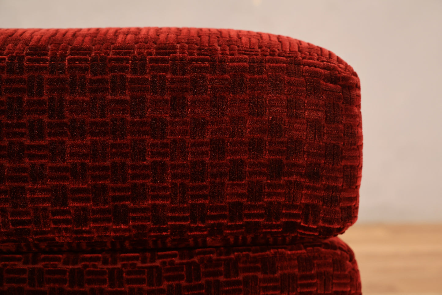 Mid Century Red Velvet Ottoman - ONLINE ONLY