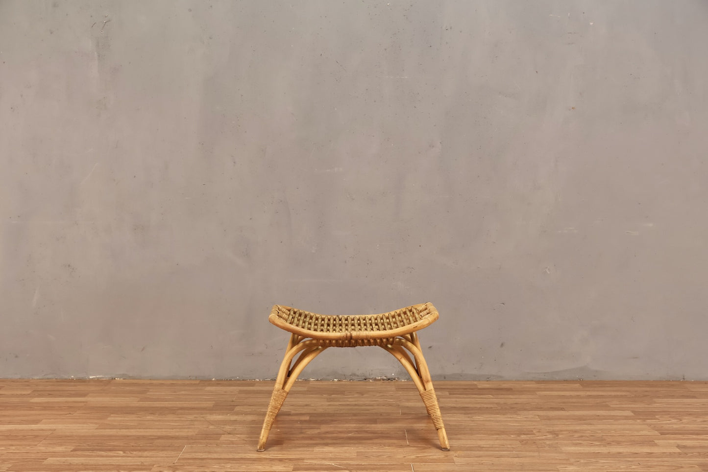 Small Blonde Rattan Curved Bench