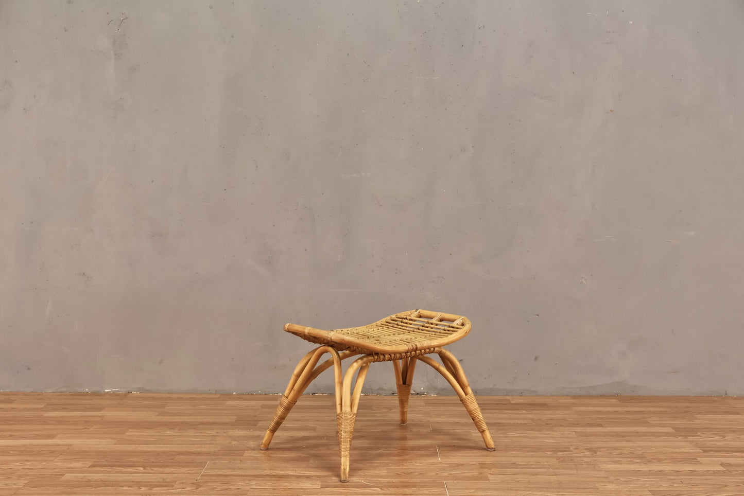Small Blonde Rattan Curved Bench