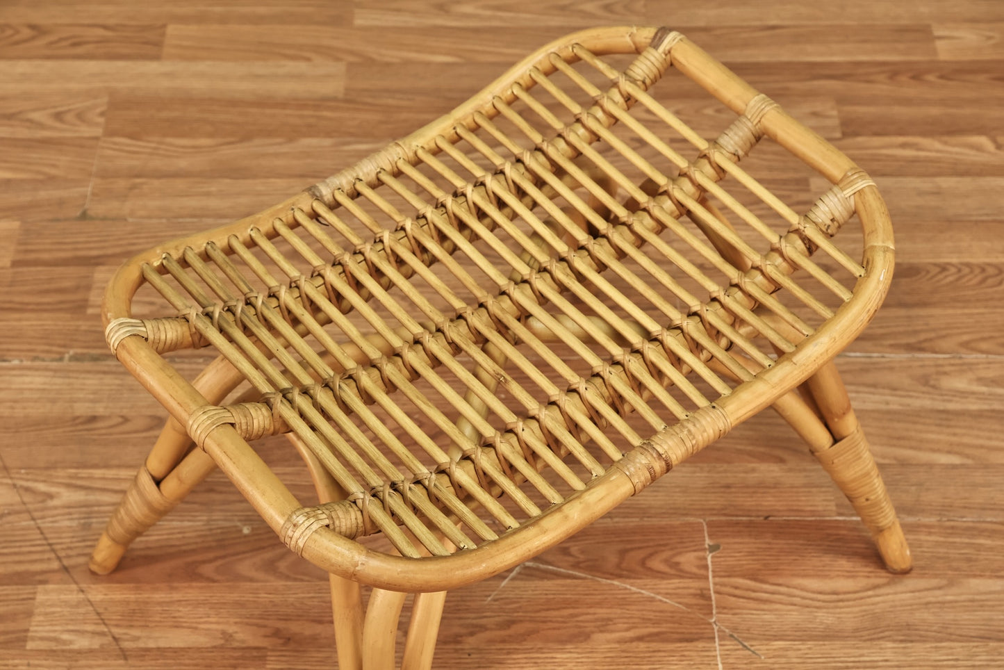 Small Blonde Rattan Curved Bench