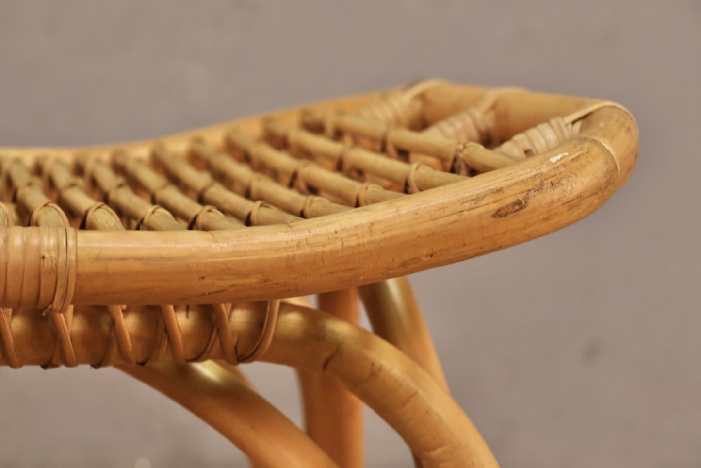 Small Blonde Rattan Curved Bench