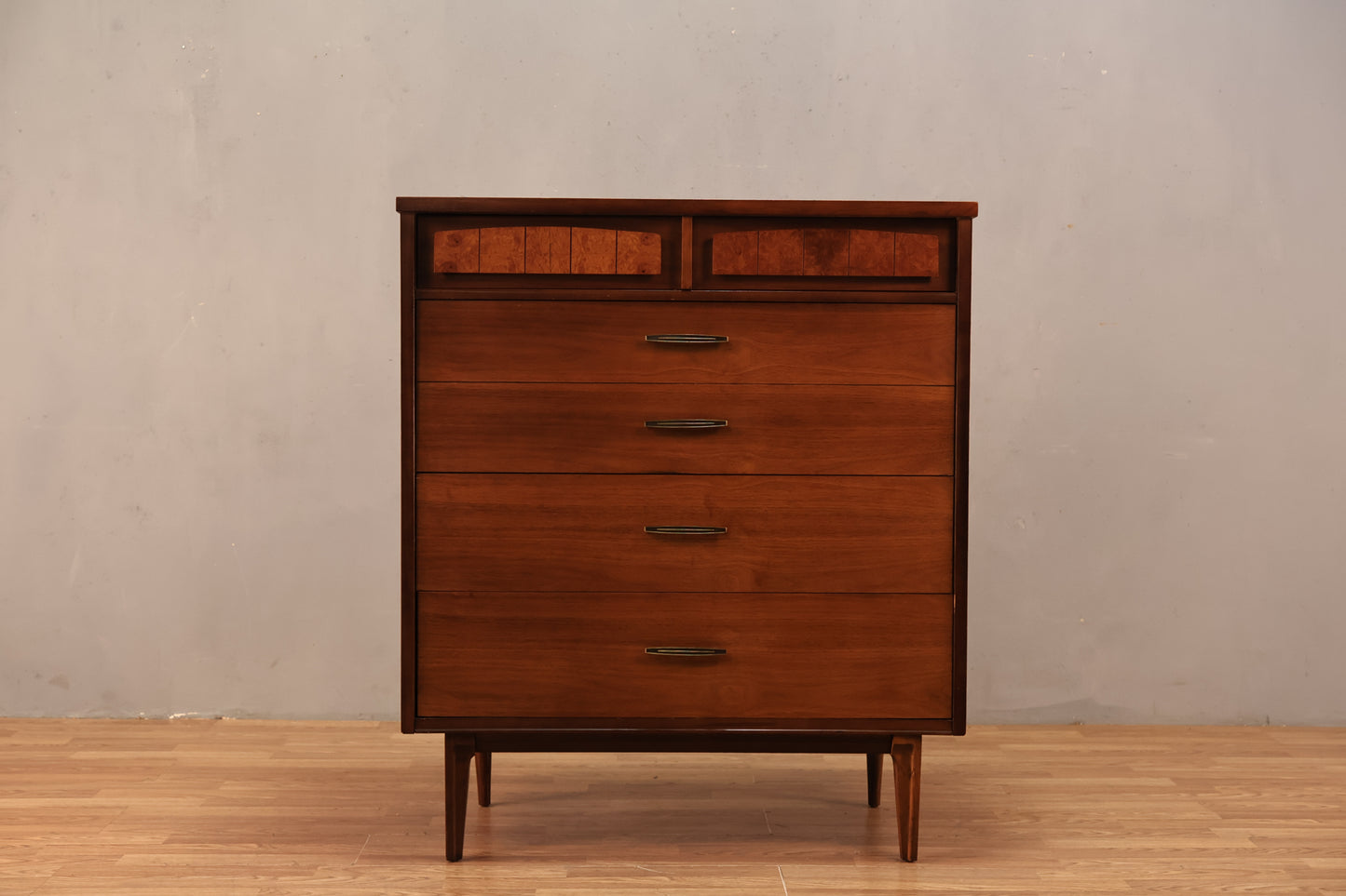 Mid Century Walnut & Burl 5-Drawer Highboy Dresser