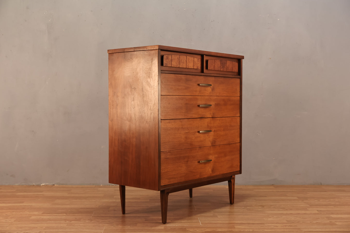 Mid Century Walnut & Burl 5-Drawer Highboy Dresser