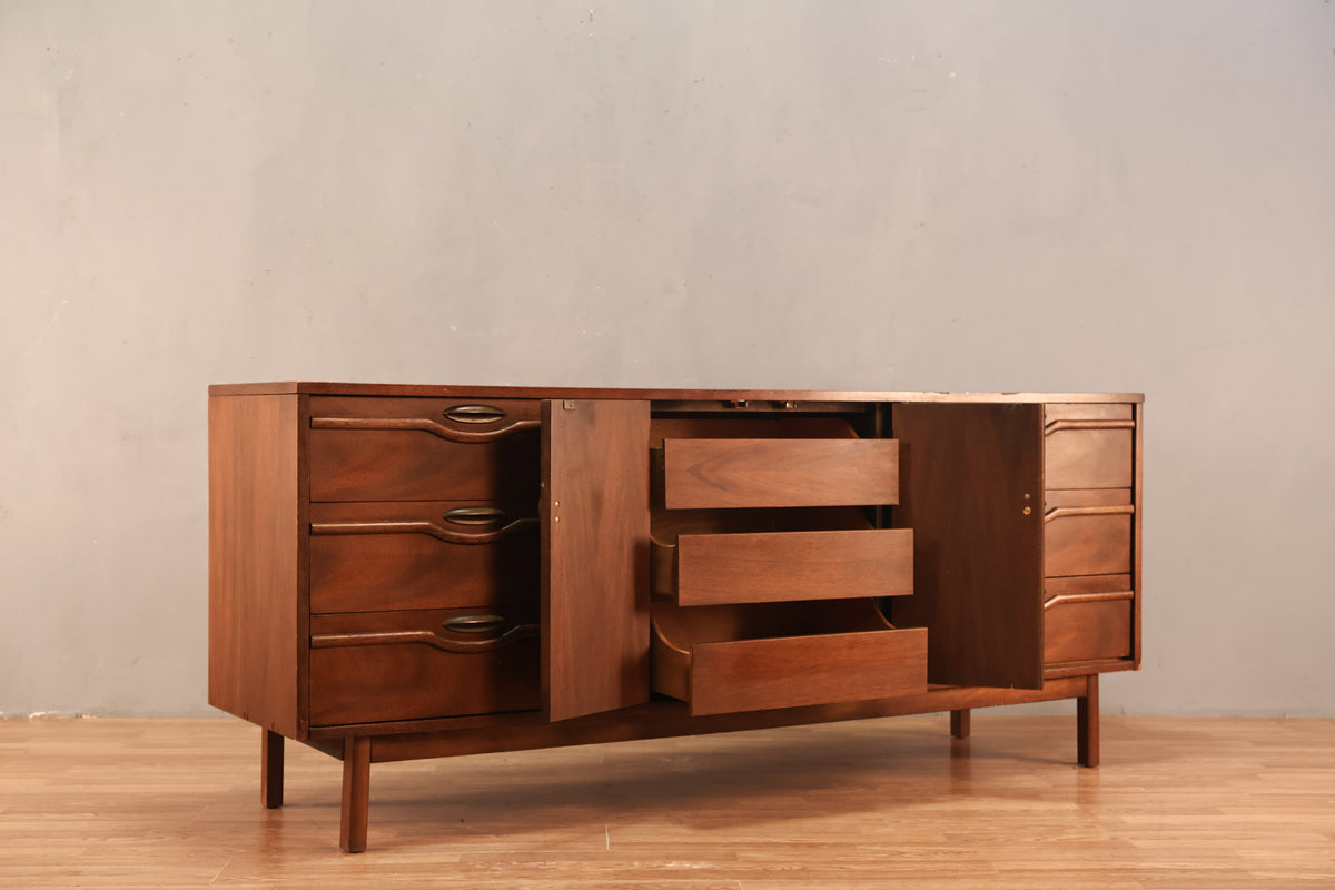 Broyhill Mid Century Walnut 9-Drawer Credenza - ONLINE ONLY