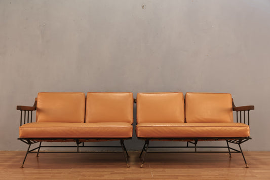 Mid Century Apricot Vinyl & Iron 2-Piece Sofa