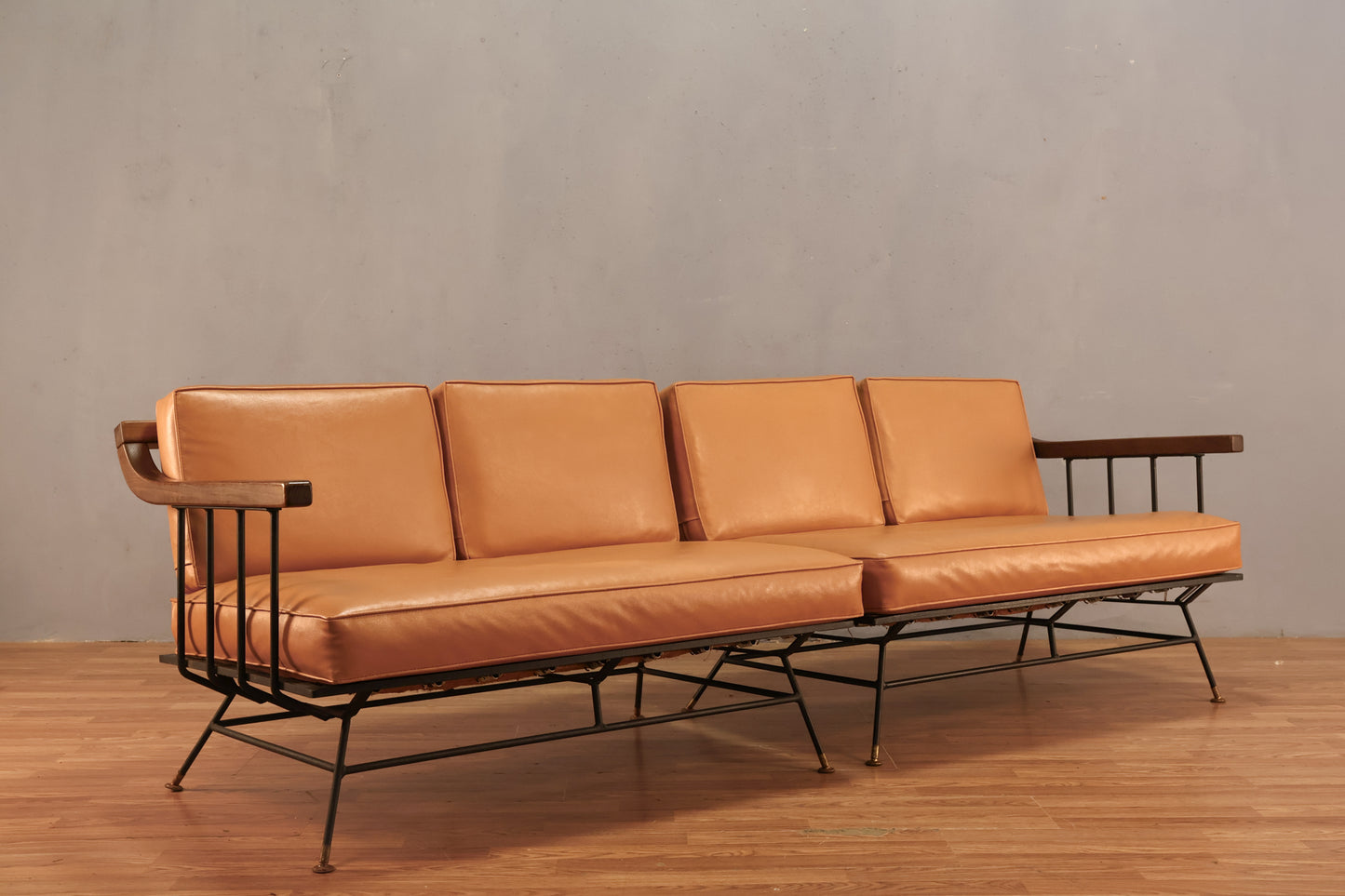 Mid Century Apricot Vinyl & Iron 2-Piece Sofa