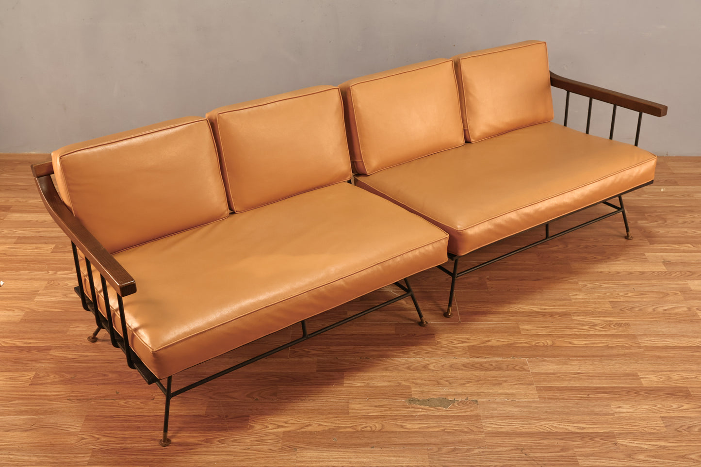 Mid Century Apricot Vinyl & Iron 2-Piece Sofa