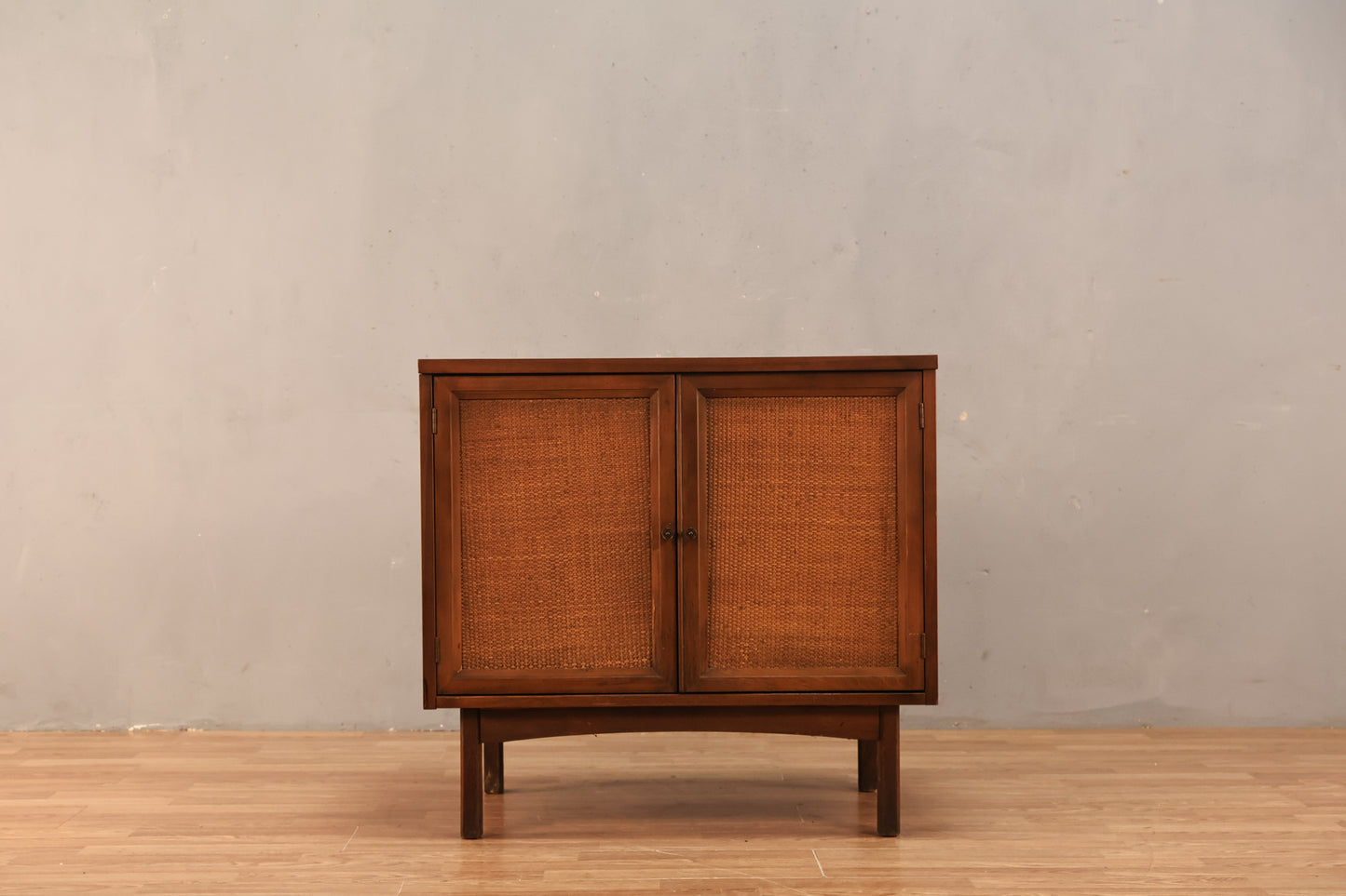 Mid Century Walnut & Cane 2-Door Cabinet - ONLINE ONLY