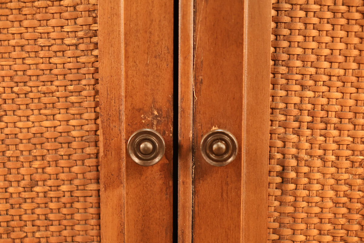 Mid Century Walnut & Cane 2-Door Cabinet - ONLINE ONLY