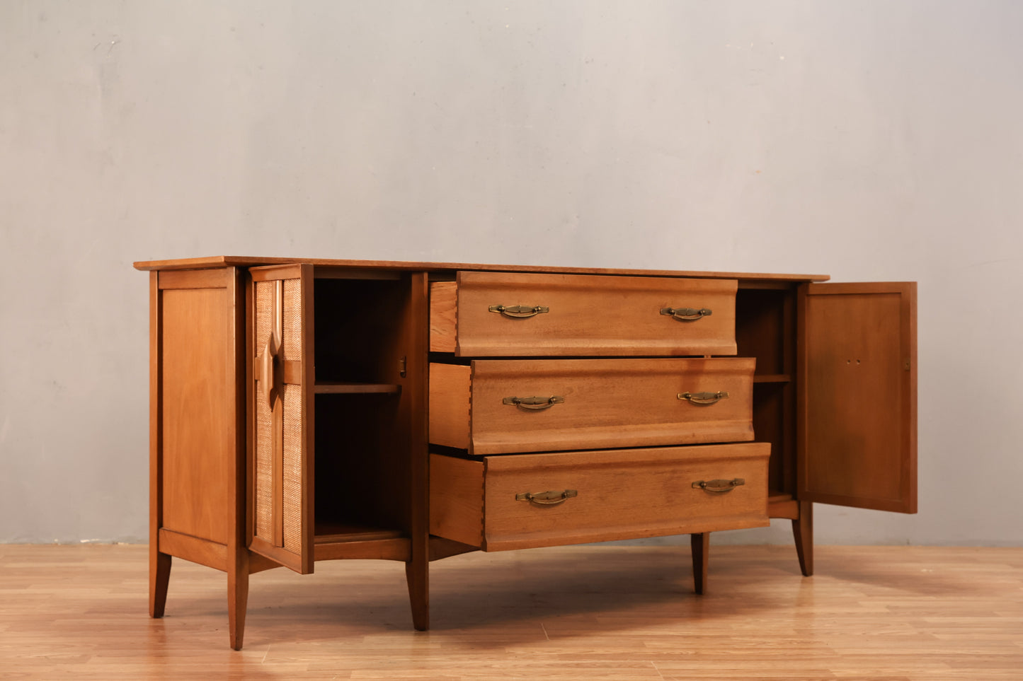 United Walnut & Cane 3-Drawer Credenza - ONLINE ONLY