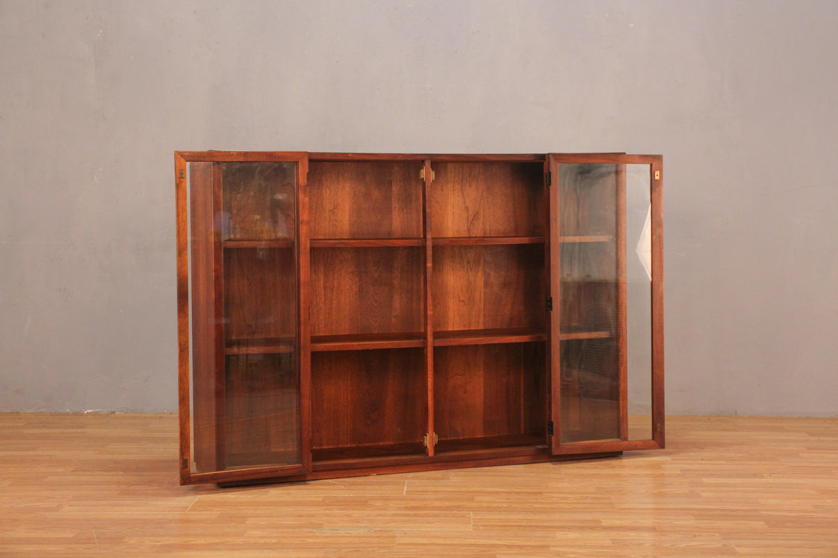Mid Century Walnut & Glass 2-Door Bookcase