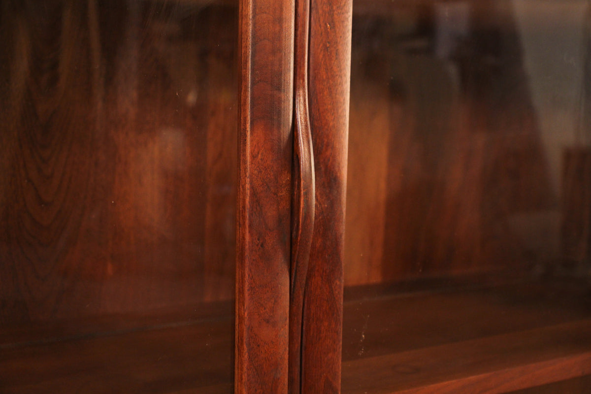 Mid Century Walnut & Glass 2-Door Bookcase
