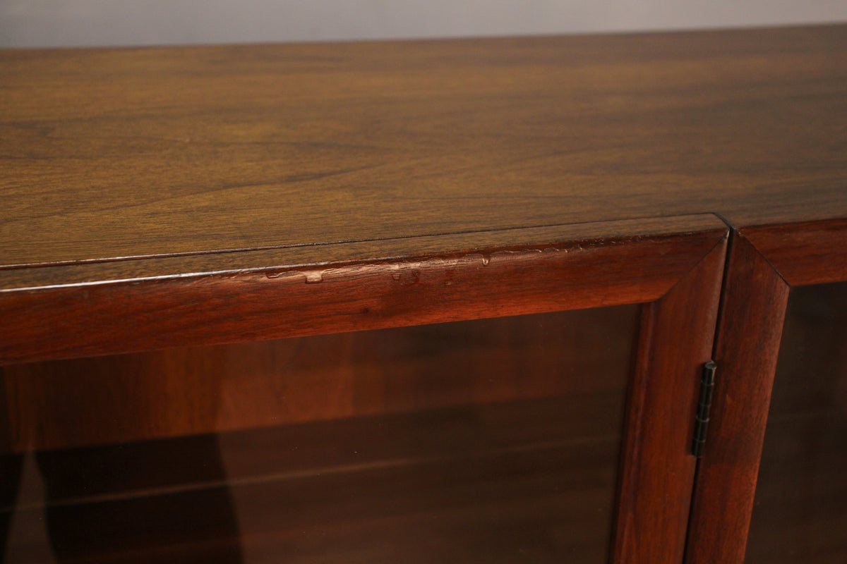 Mid Century Walnut & Glass 2-Door Bookcase