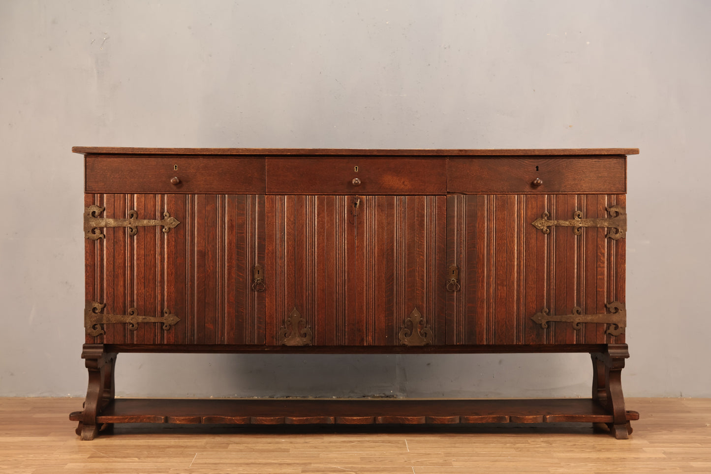 Large Dark Spanish Oak 3-Drawer Credenza