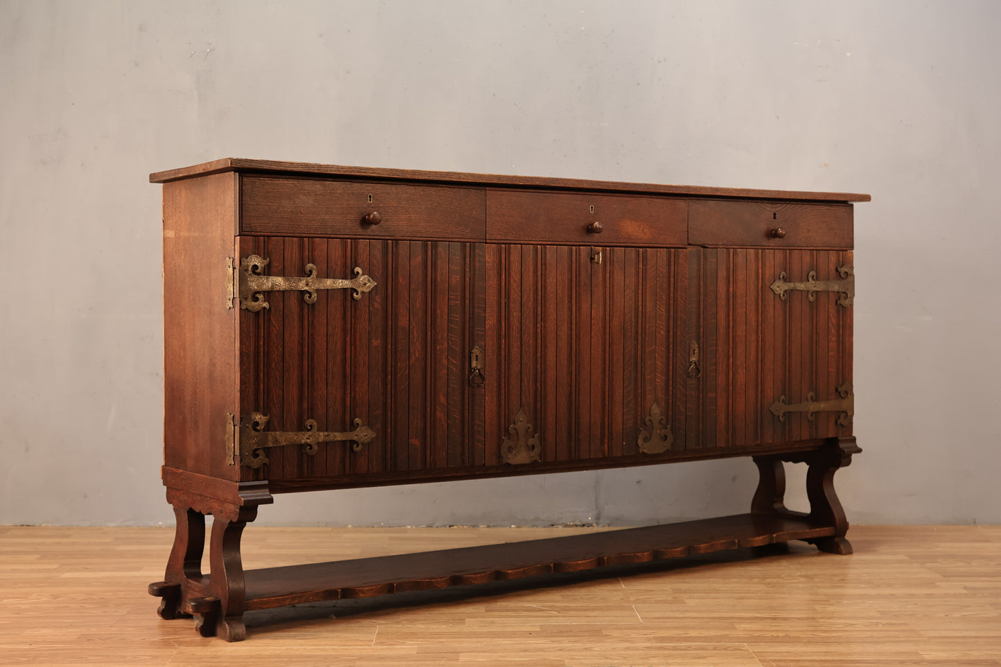 Large Dark Spanish Oak 3-Drawer Credenza