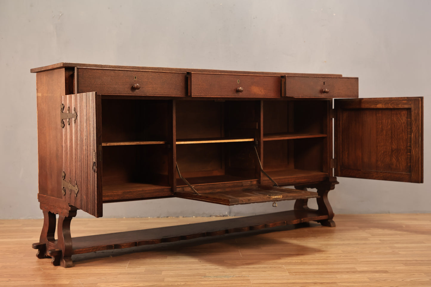Large Dark Spanish Oak 3-Drawer Credenza
