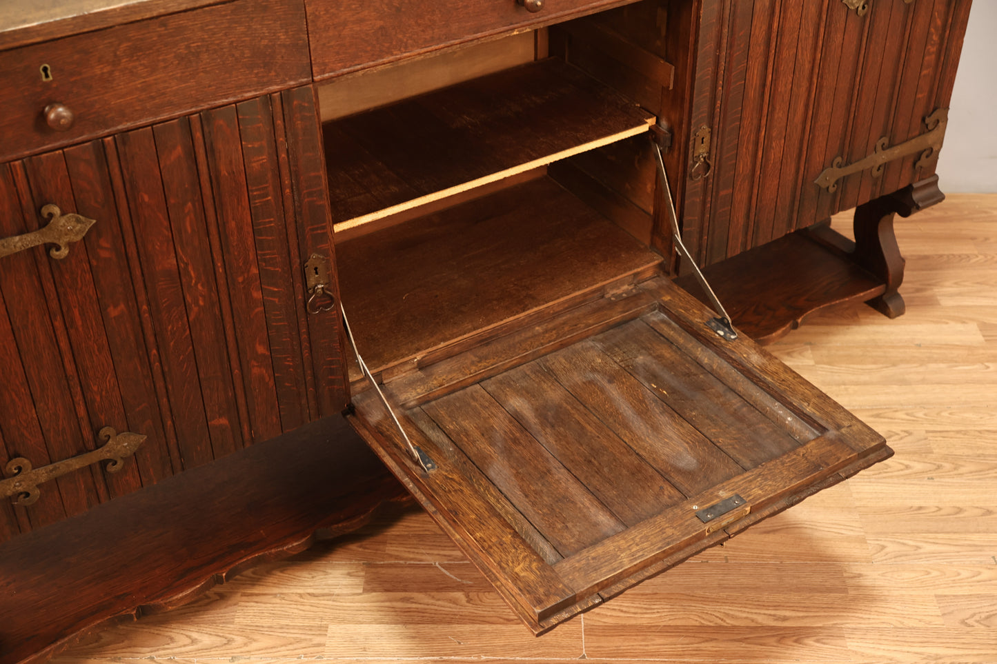 Large Dark Spanish Oak 3-Drawer Credenza