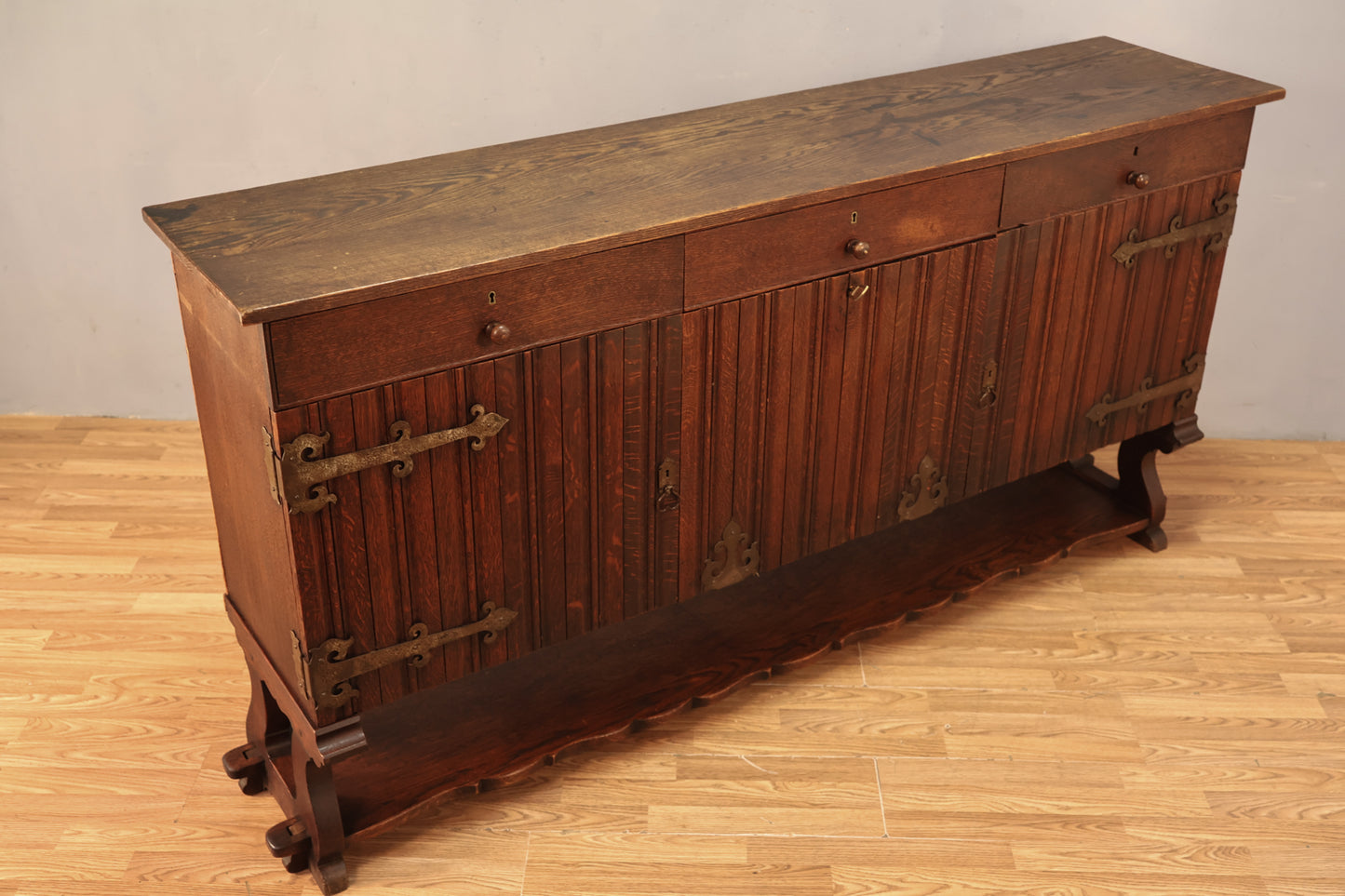 Large Dark Spanish Oak 3-Drawer Credenza