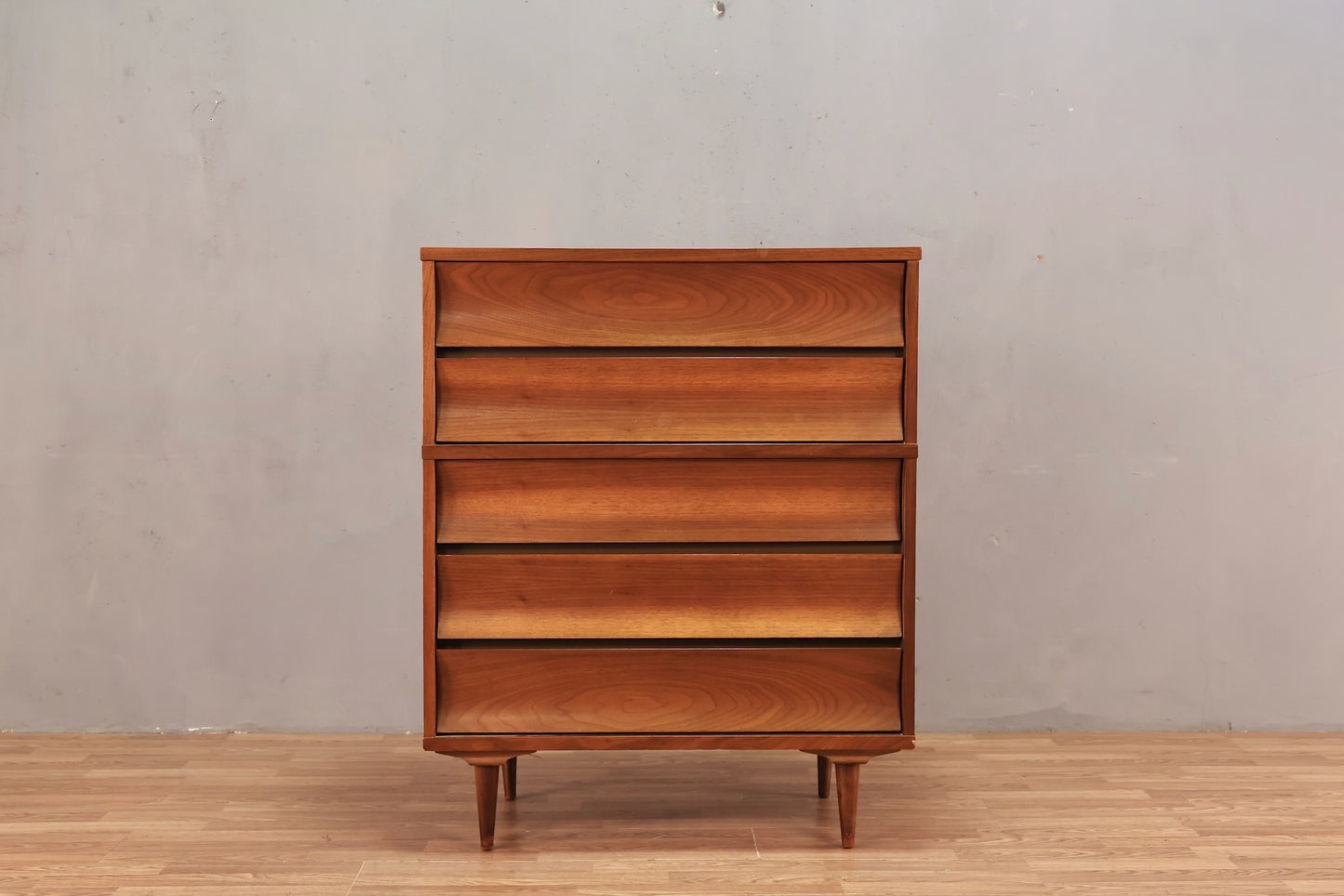 Mid Century Concave Walnut 5-Drawer Dresser